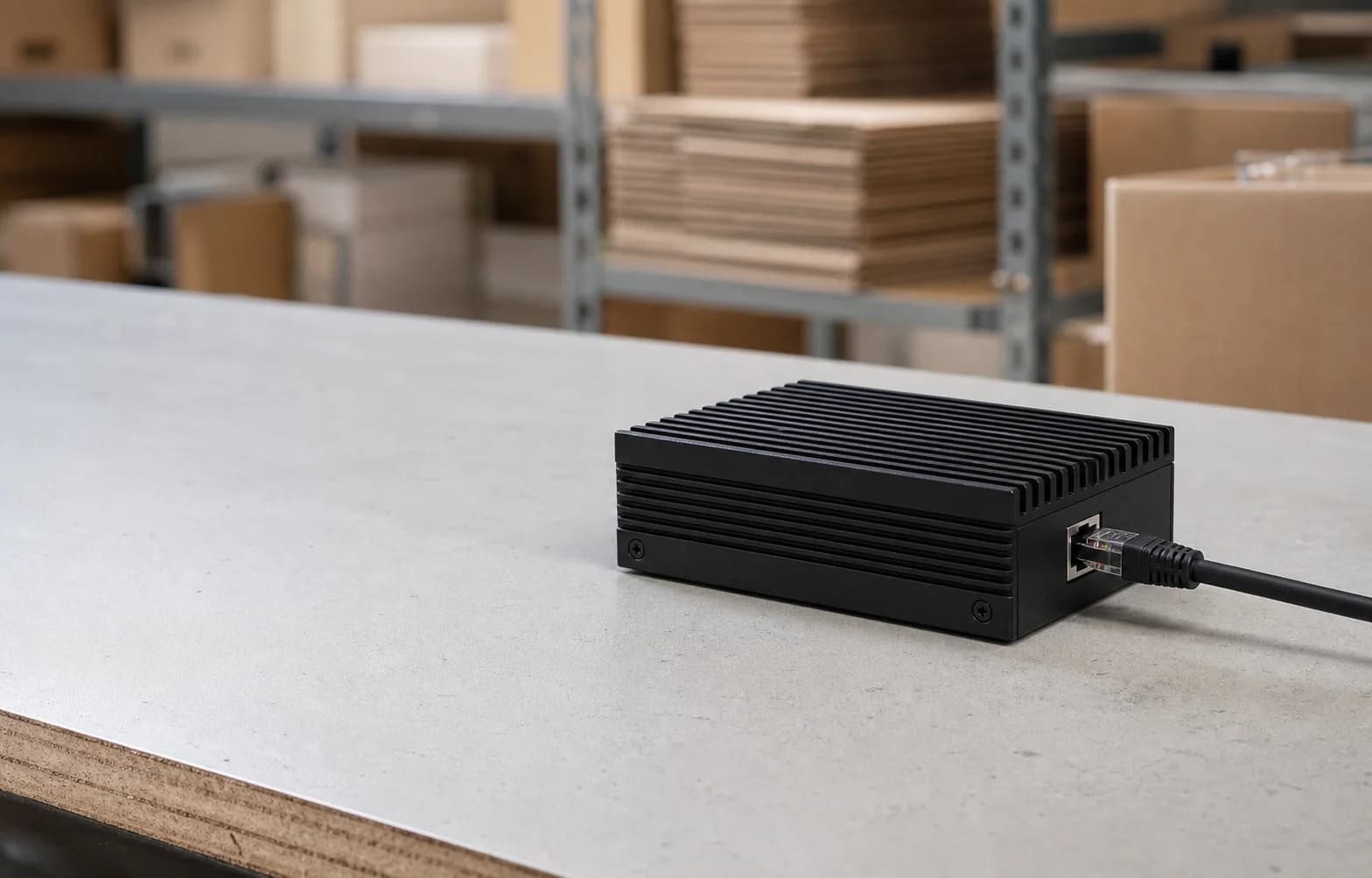 A compact iinvy inventory appliance connected on a warehouse packing bench